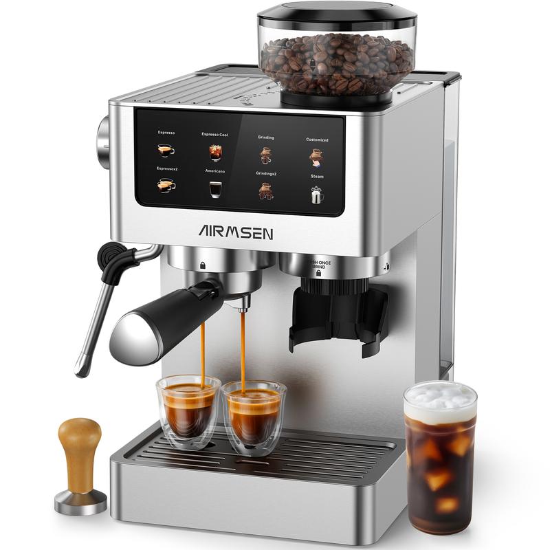 Machine à expresso pour la maison avec 20 bars et broyeur, 1350 W, écran tactile couleur, mousseur de lait avec tige vapeur, espresso pressé à froid, appareil réglable des volumes de café, du grain à la tasse, pour la maison