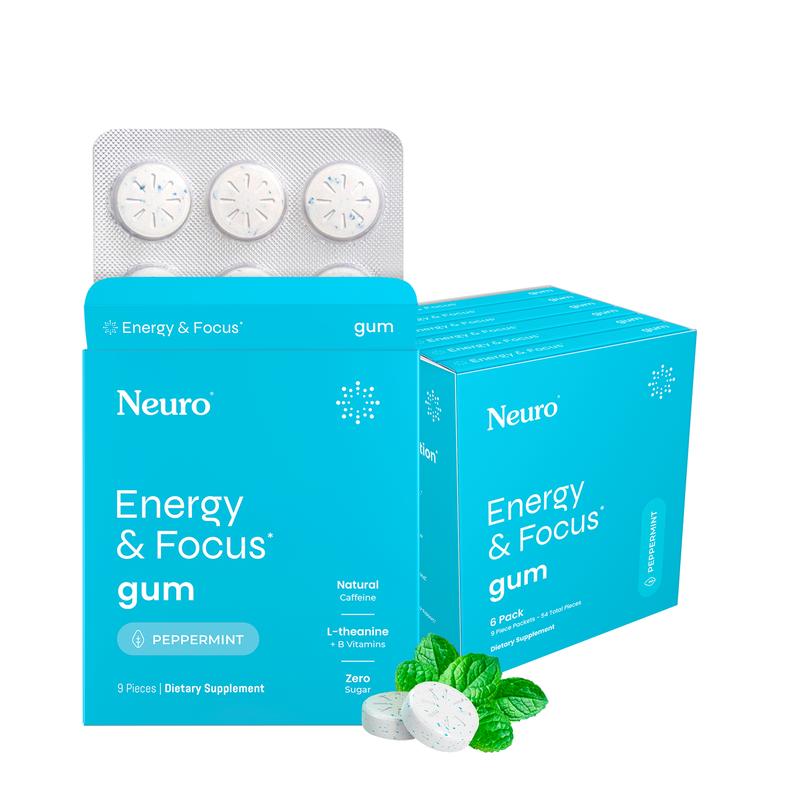 Neuro Energy Caffeine Gum/Mints for Energy & Focus - Sugar-Free with L theanine, Caffeine, Vitamin B12 & Vitamin B6 - Peppermint Flavor