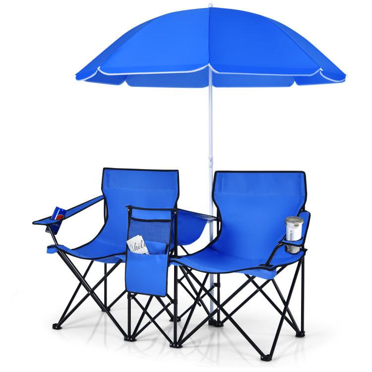 COSTWAY Double Portable Picnic Chairs, Folding Camping Chairs w/Detachable Umbrella, Cooler Bag, Cup Holders, Patio Beach Camping Chairs for Outdoors football baseball season