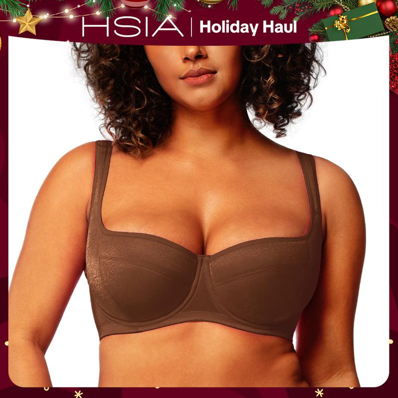 HSIA Starry Night Plus Size Glass-Shimmer Fabric Mesh 4mm Lightly Padded Balconette Bra Wide Straps Lifting Support Underwire Bra High Side Coverage Natural Push Up Effect Sexy Demi Low Cut T Seam Structure SpringStatements