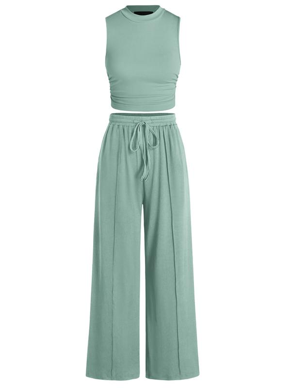 BTFBM Women's Summer 2-Piece Outfits - Ribbed Knit Crew Neck Sleeveless Cropped Top & Wide Leg Pants Lounge Set #Outdoorfun