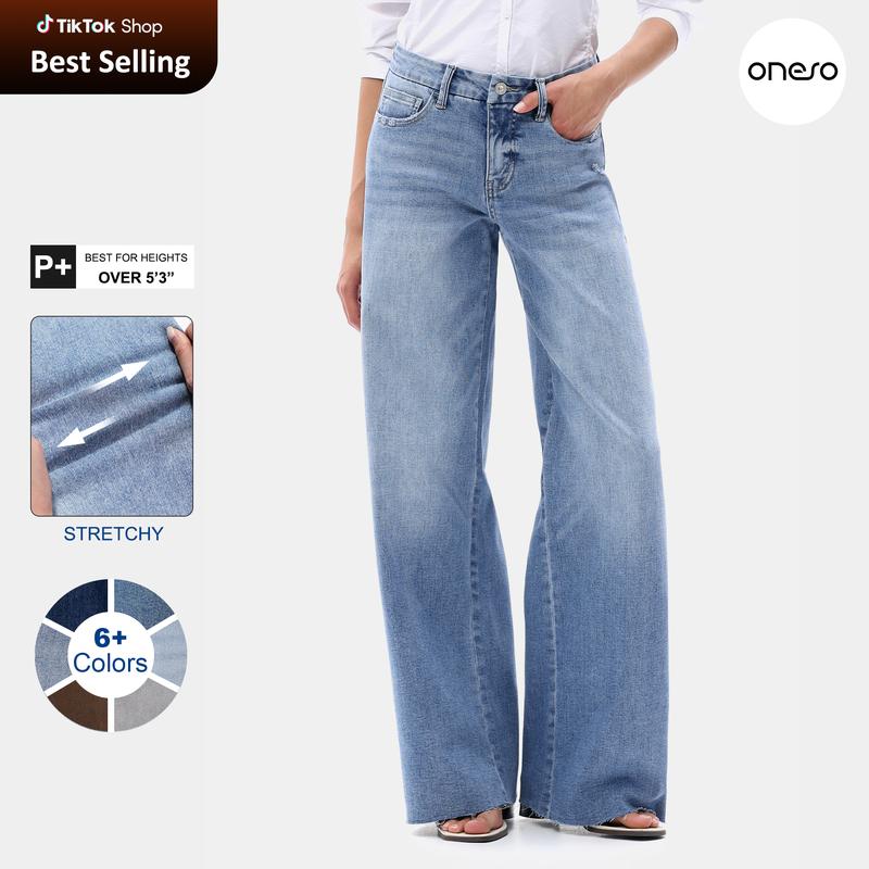 ONESO Mid-high Rise Baggy Jeans High Stretchy BBL Wide Leg All Season Jeans Tummy Control Holiday Party Distressed Denim Pants Woman Bottom Comfortable Denim Jeans OSW8019 Plus Size Regular Size #Spring Glow Up #Spring Picks