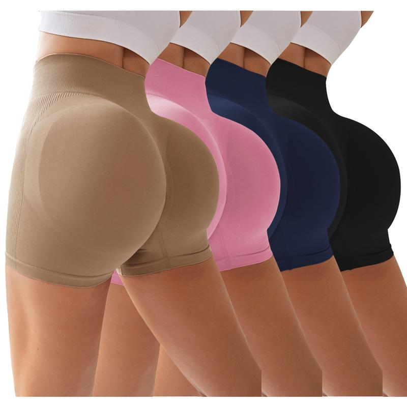4-Pieces High Waist Tummy Control Side-Ribbed Butt-Lifting Seamless Shorts, Lightweighted Summer Shorts, Stretchy Womenswear Bottom SpringStatements