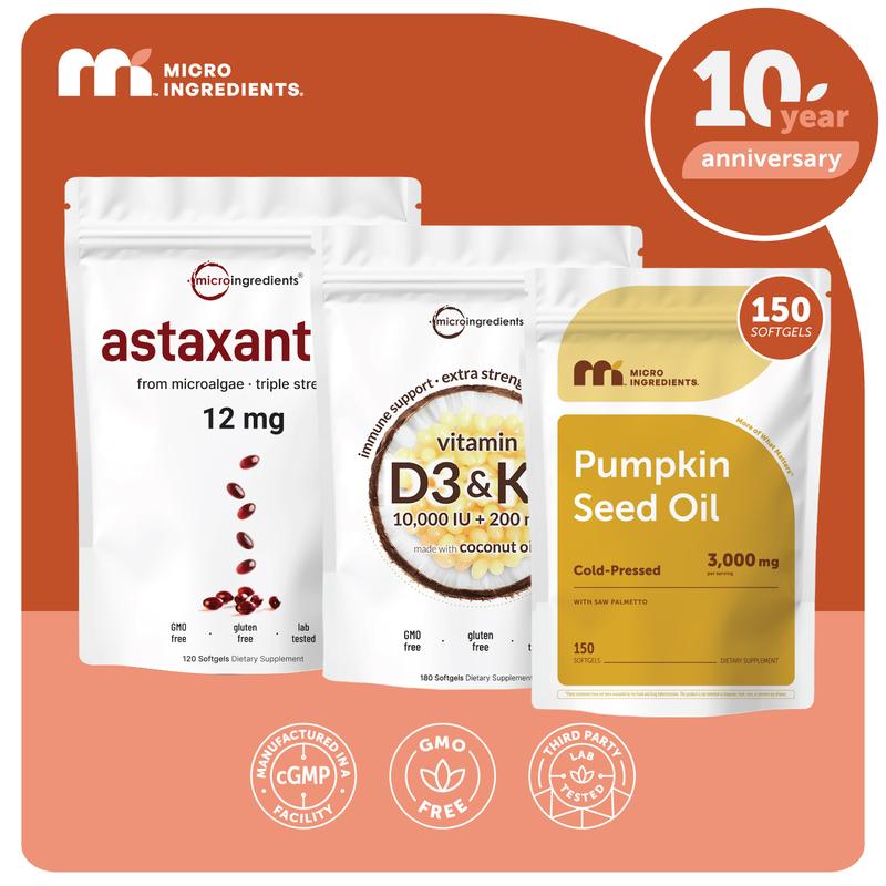 Emily May’s Glow Hair bundle: Astaxanthin 120 Softgels, Pumpkin Seed Oil 150 Softgels, Vitamin D3 K2 10000IU 180 Softgels