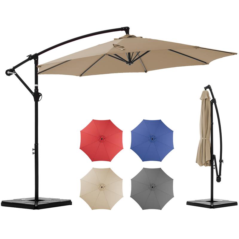 【With Base】10ft Offset Outdoor Patio Umbrella with Base, Easy Tilt & Crank, Adjustable Polyester Shade for Garden, Backyard, Poolside